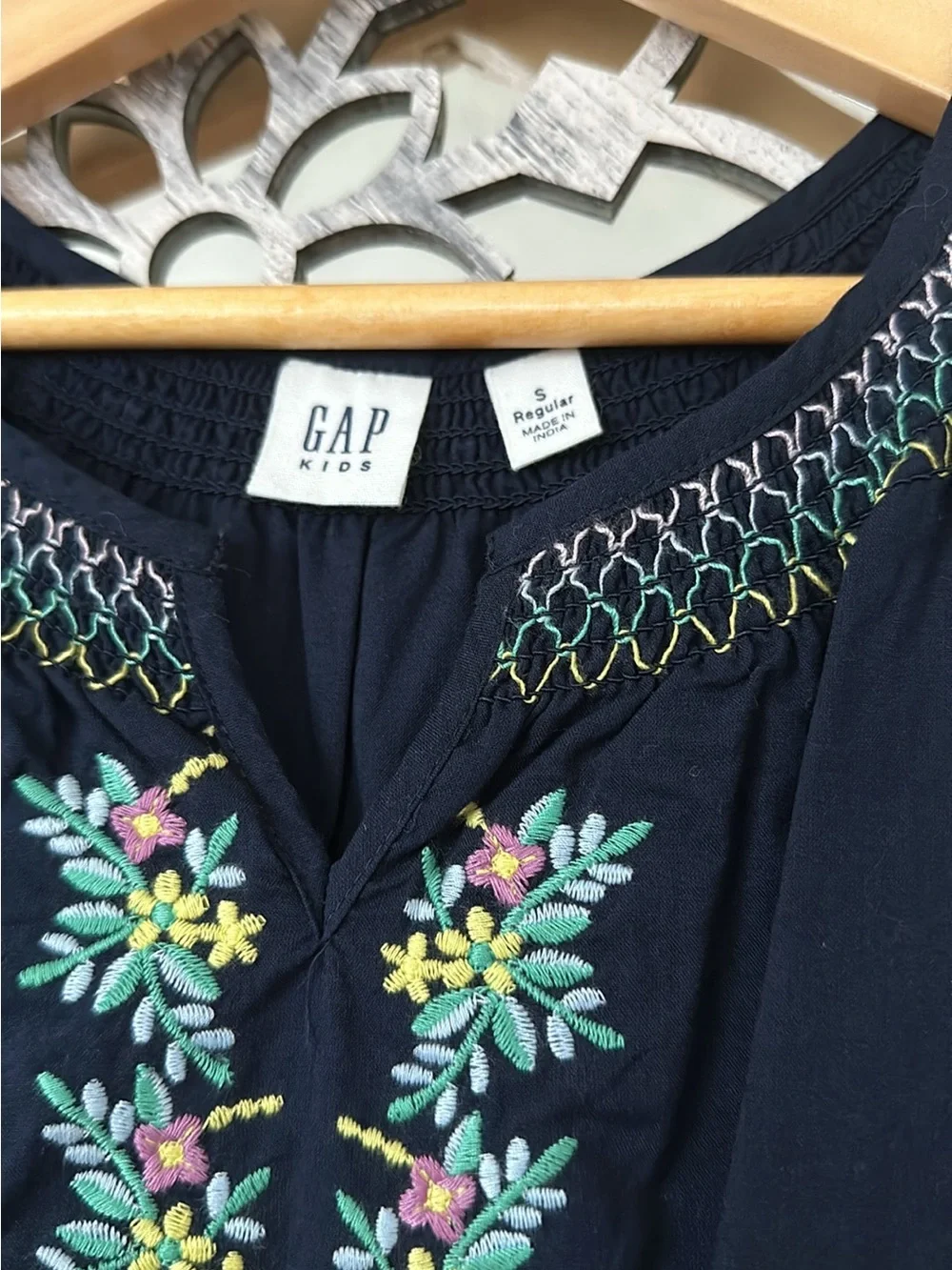 GAP • Girls Small Navy Floral Embroidered Boho Short Sleeve Dress